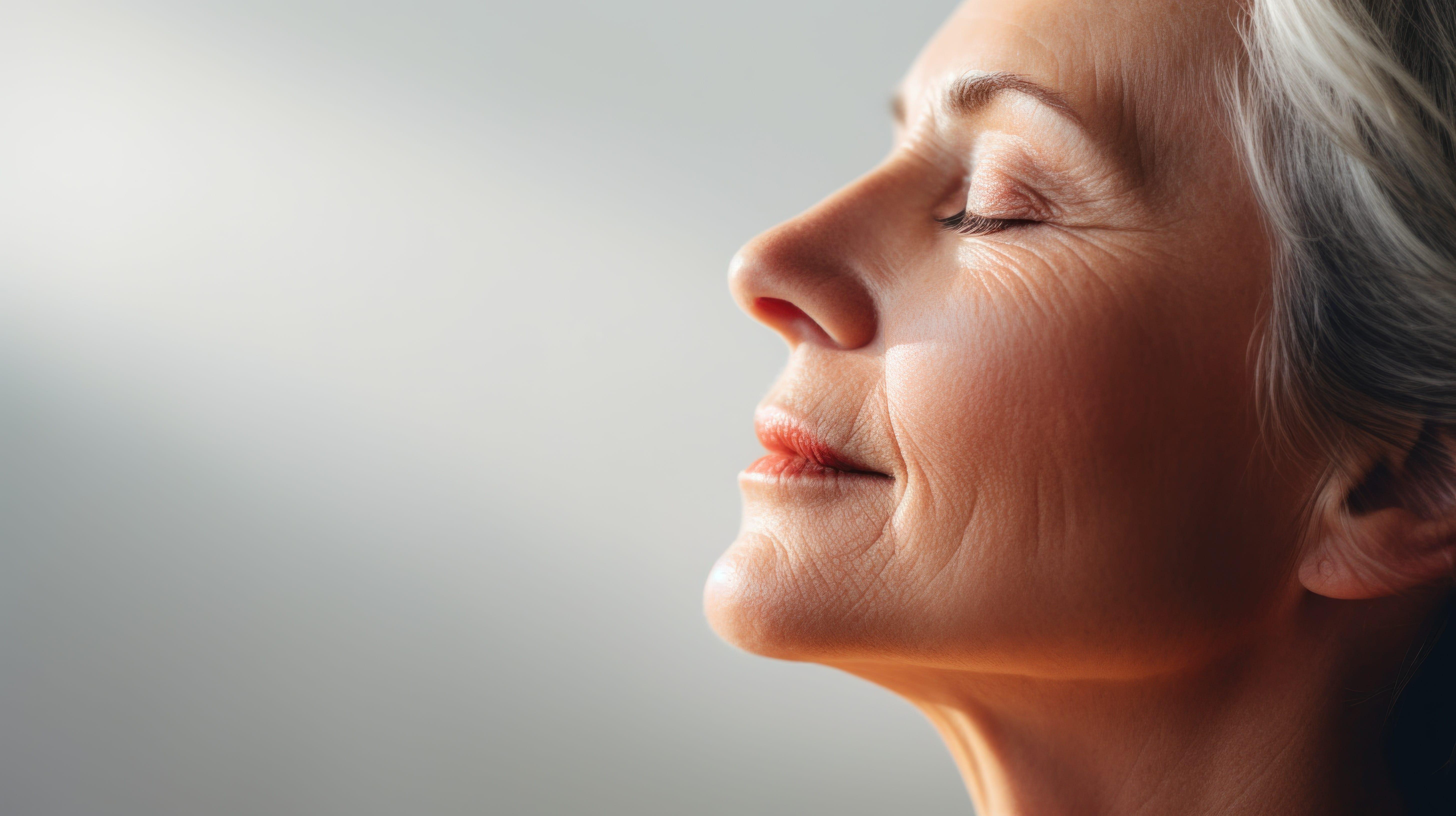 A woman with her eyes closed and a smile, ai